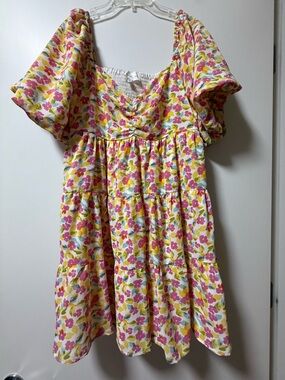 Floral Tiered Mini Dress in Pink and Yellow